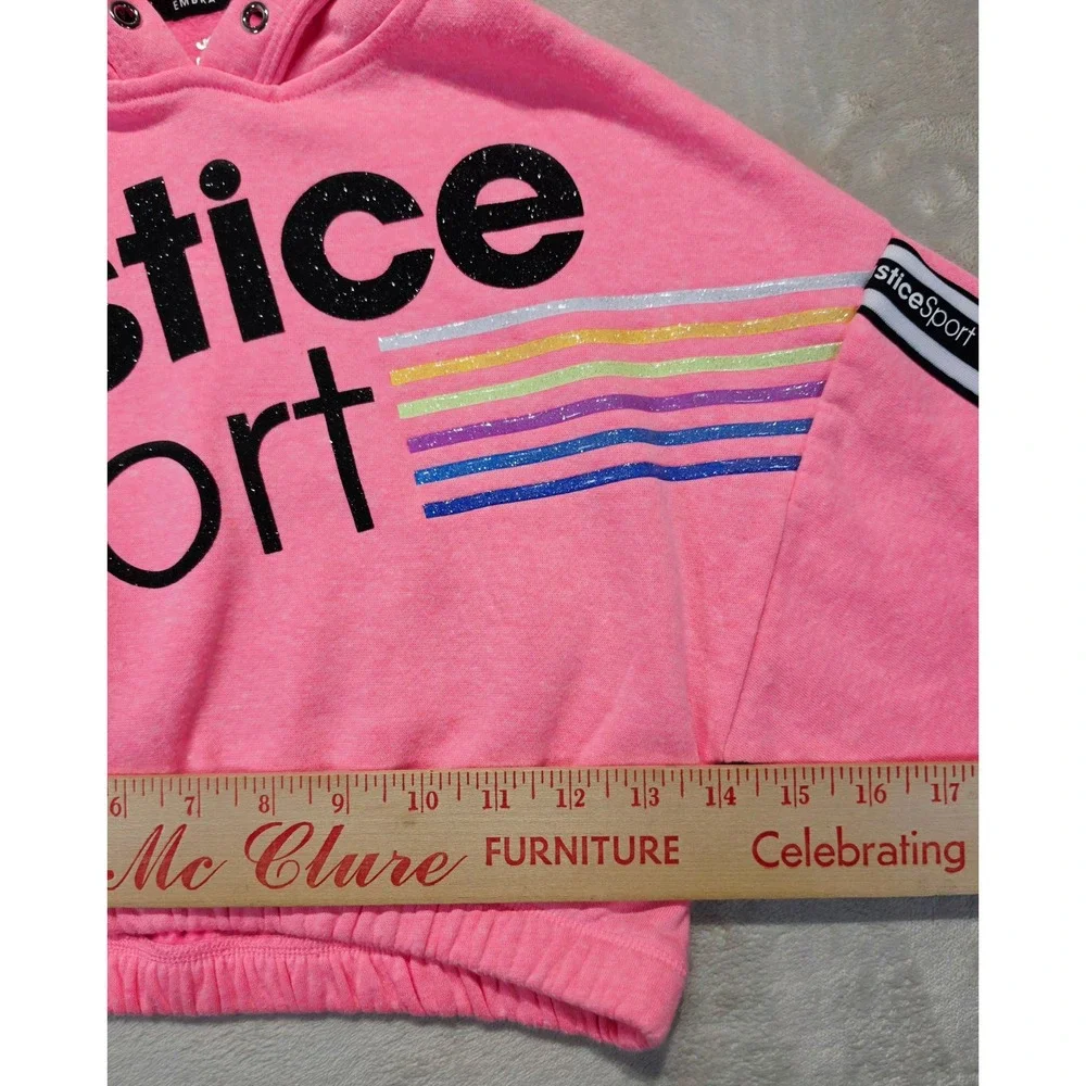 Justice Sport Girls Pink Glitter Rainbow Cropped Hoodie Sweatshirt XS 5/6